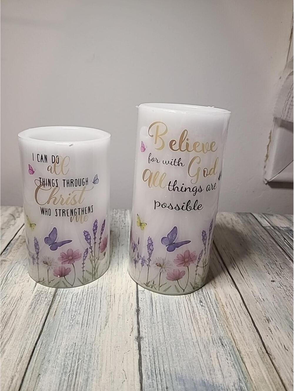 Two Butterfly Religious Wickless Candles Battery Operated. Believe For With God